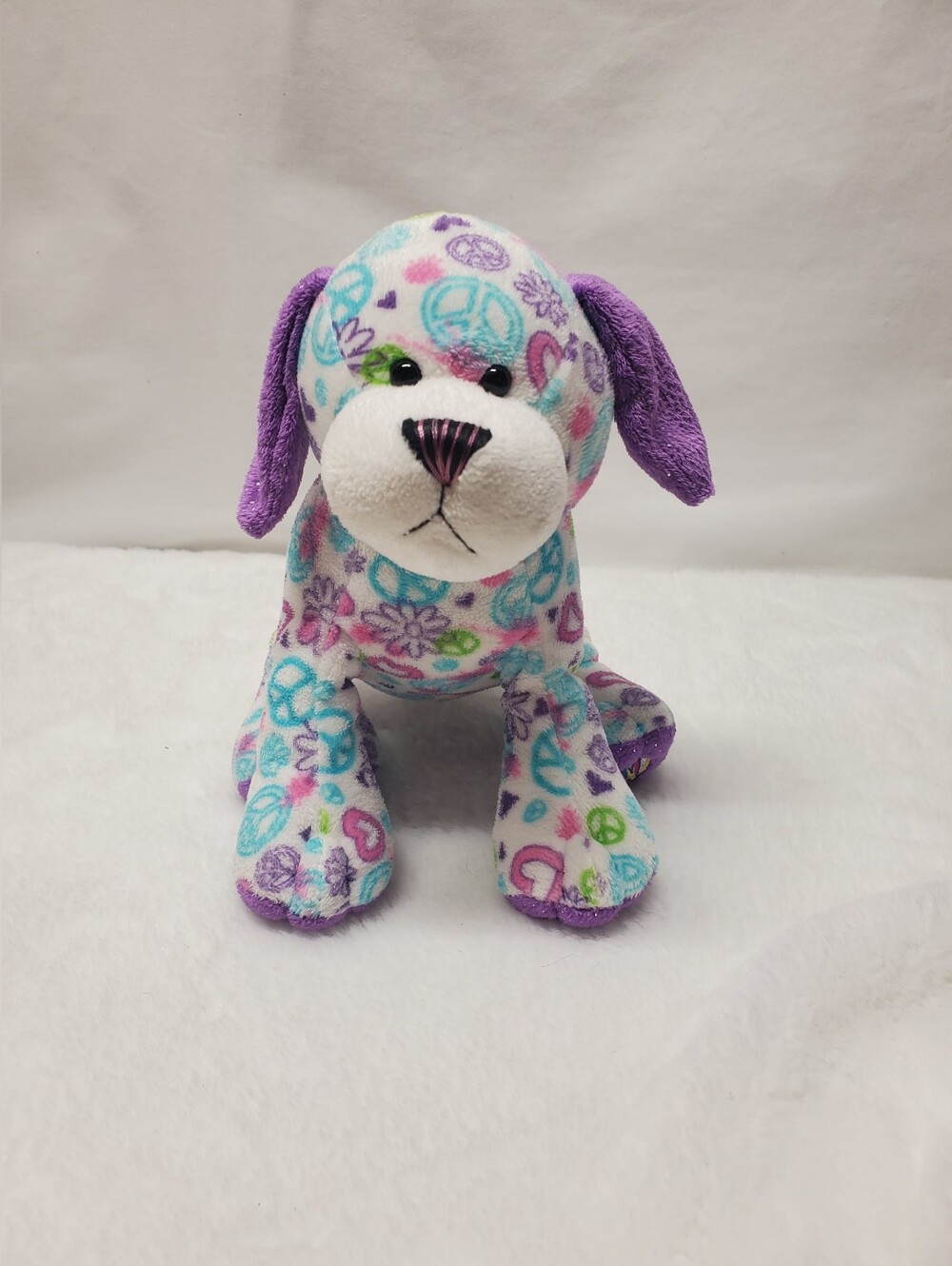 Webkinz Gund Purple-Eared Plush Puppy Toy with Multi-Color Peace Puppy Pattern
